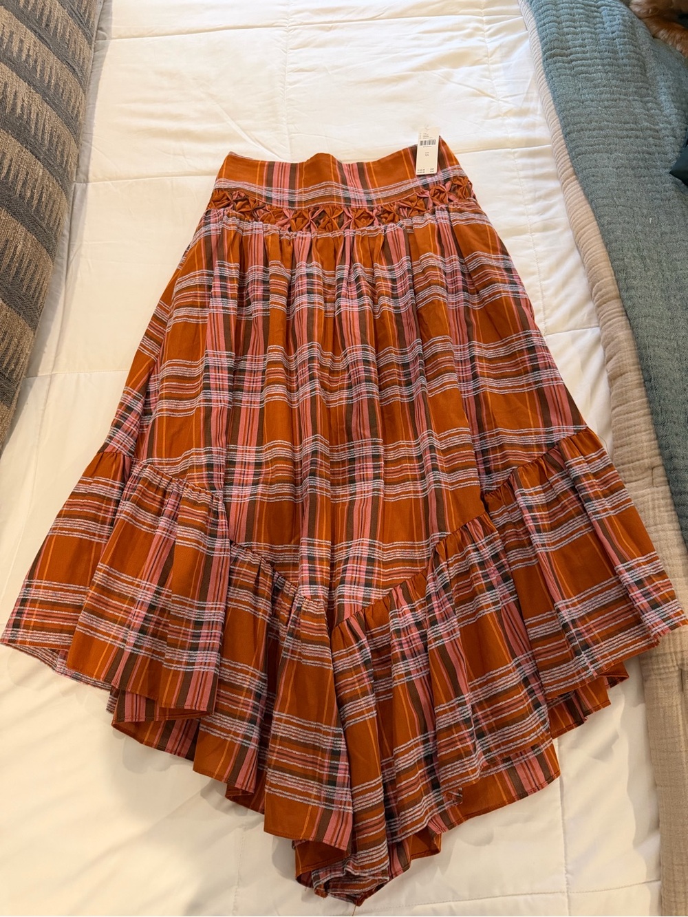 Anthropologie Rust Plaid High-Low Tiered Skirt with Pink Accents